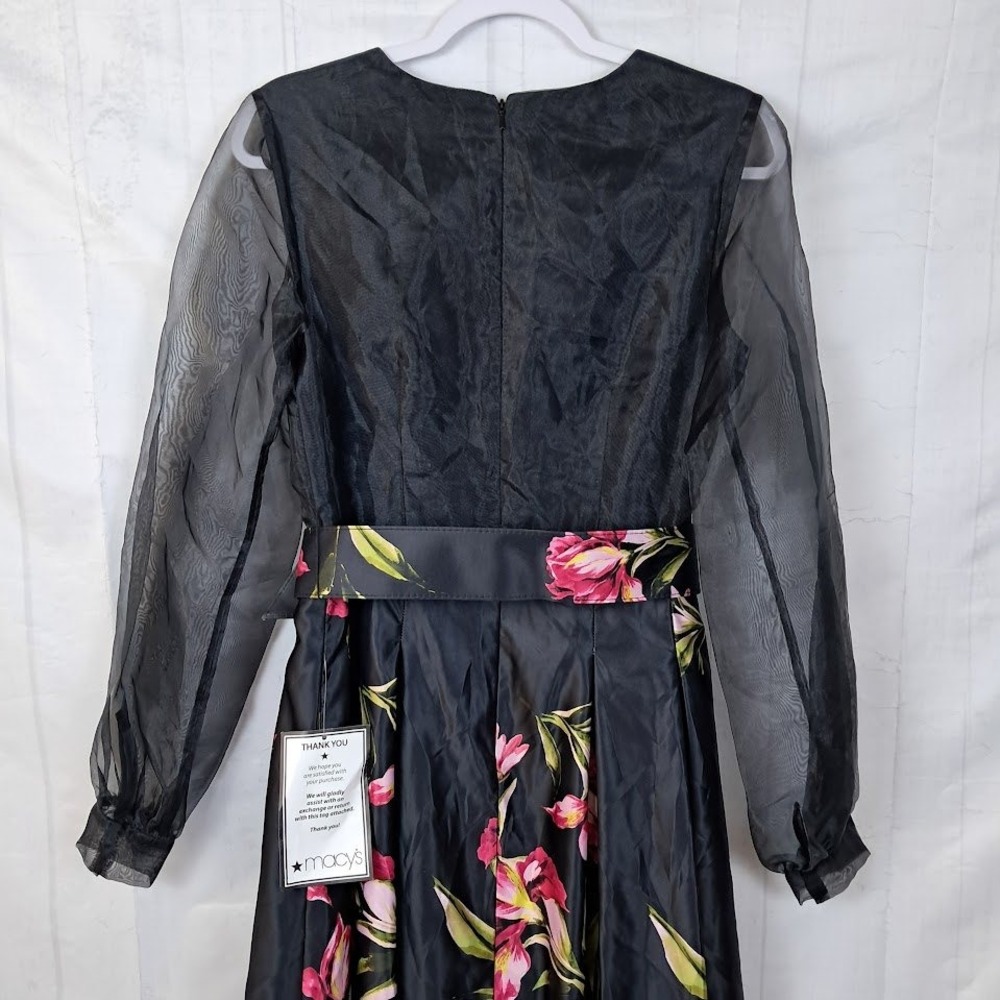 Betsy & Adam 6 Organza-Sleeve Floral on Black Belted Satin Gown Plunging V-Neck - Picture 7 of 11